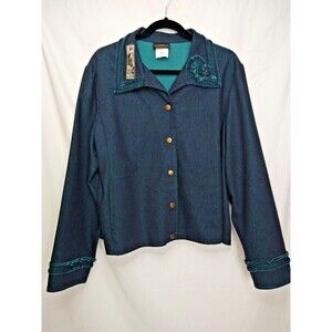 Linda Lundstrom Size 18 Vintage Dark Blue Teal Turquoise Denim Jacket Boho Art